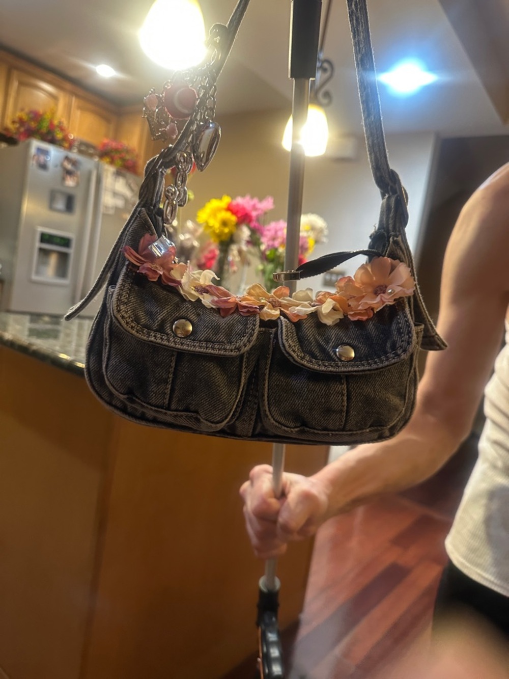 Floral Trim Black Denim Shoulder Bag